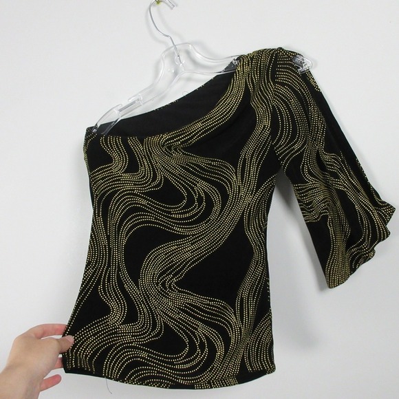 Cache One Shoulder Top Blouse Women S Black Gold Sequins Vtg Going Out y2k 244 - Picture 2 of 14